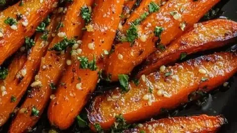 Honey garlic butter roasted carrots on a serving platter