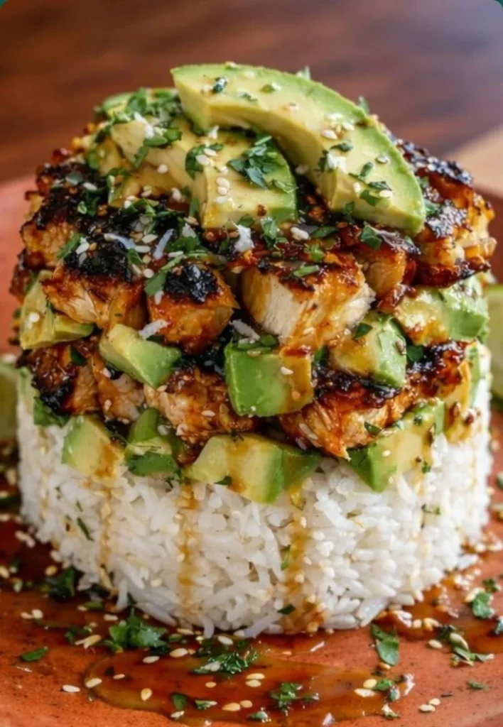 Honey Lime Chicken served with Avocado Rice Stack on a plate