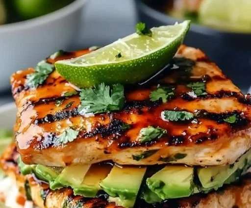 Honey-Lime Chicken served with Avocado Rice Stacks on a plate