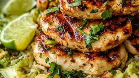 Delicious honey lime chicken with avocado on a plate, garnished for a refreshing meal.