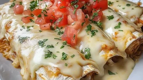 Delicious queso chicken enchiladas topped with melted cheese and garnished with cilantro