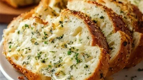 Loaf of freshly baked Italian Herb and Cheese Bread with herbs on top.