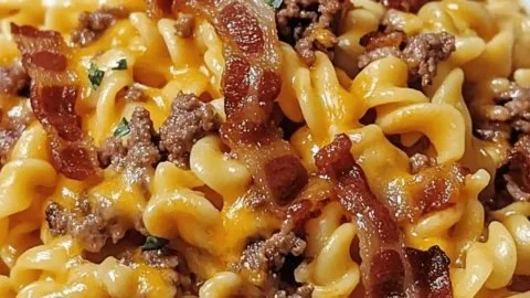 Delicious Loaded Bacon Cheeseburger Pasta topped with bacon and cheese