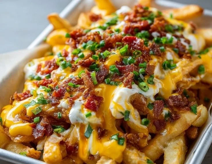 Plate of loaded fries topped with cheese, bacon, and jalapeños.