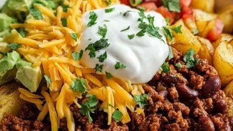 Delicious Loaded Potato Taco Bowl with toppings and ingredients for a hearty meal