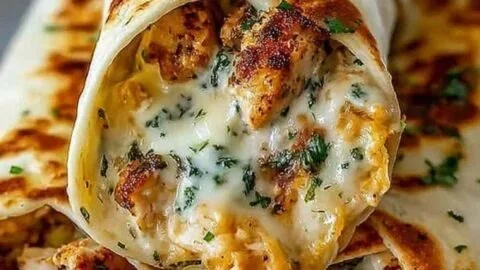 Low carb cheesy garlic chicken wraps with fresh ingredients and melted cheese.