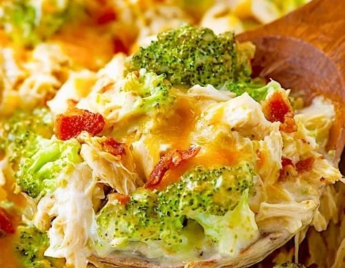 Delicious low carb chicken casserole served in a baking dish