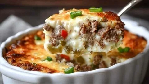 Low carb Philly cheesesteak casserole in a baking dish with melted cheese on top.