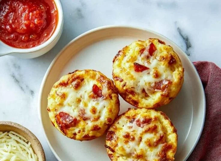 Homemade lunchbox pizza muffins topped with cheese and pepperoni