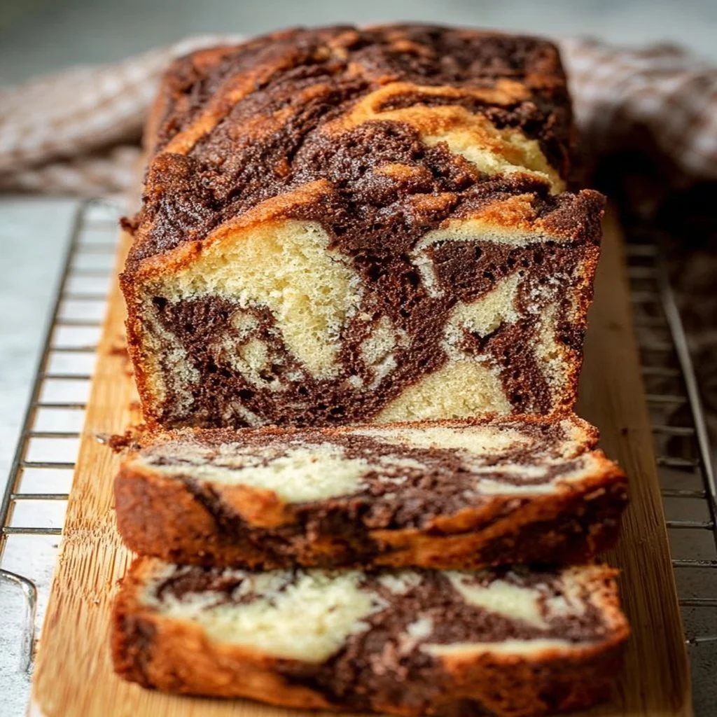 Sliced Marble Loaf Cake showcasing chocolate and vanilla swirls.