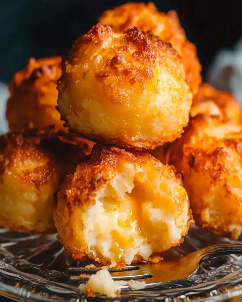 Plate of golden-brown mashed potato cheese puffs ready to serve.