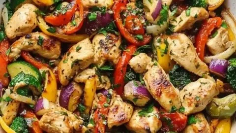 Mediterranean chicken stir fry in a colorful skillet with fresh vegetables