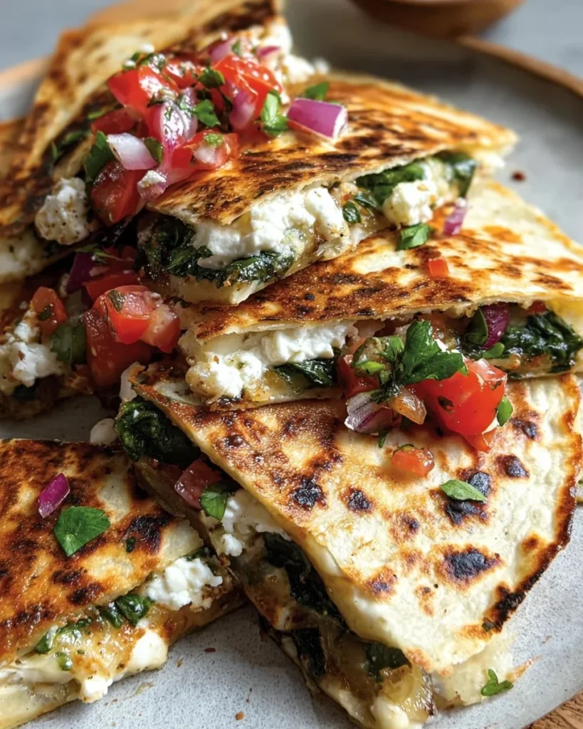 Mediterranean Quesadillas stuffed with spinach, feta, mozzarella, and red onion