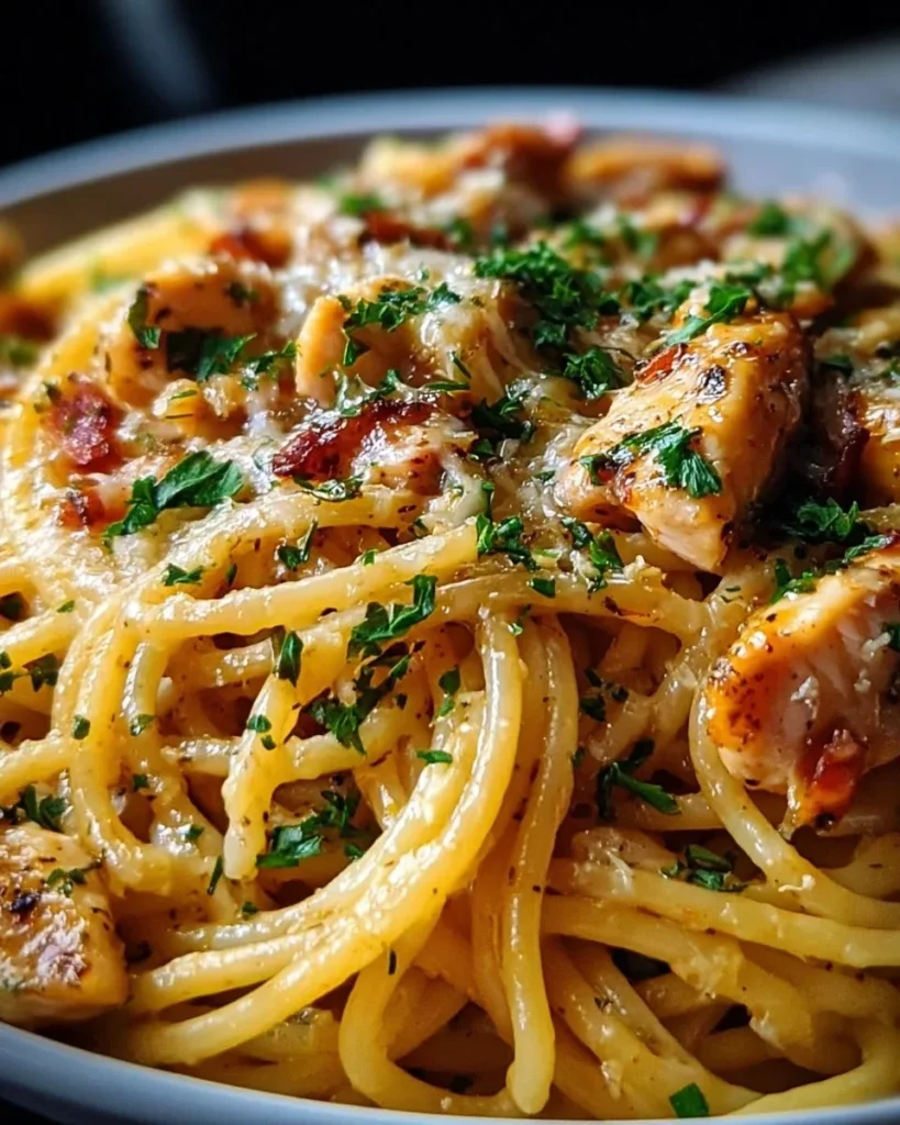 Delicious Monterey Chicken Spaghetti with creamy sauce and colorful vegetables.