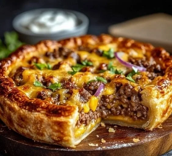 Delicious one-pan cheeseburger pie dinner ready to serve.