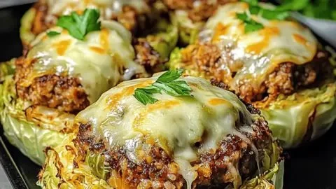 Oven-baked cabbage burgers served on a plate with fresh toppings