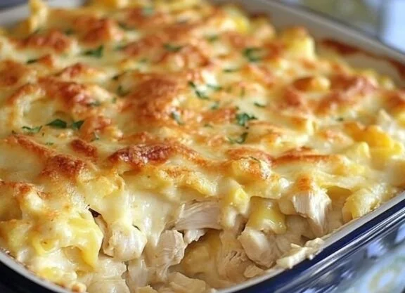 Paula Deen's Amazing Chicken Casserole served in a dish, ready to enjoy.