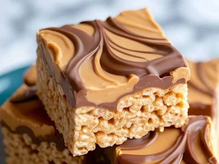 Peanut Butter Rice Krispie Treats topped with a chocolate swirl