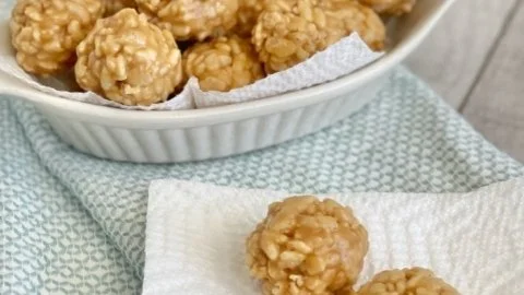 Homemade Peanut Butter Rice Krispies Bites stacked on a plate