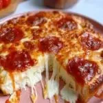 A delicious serving of Pizza Cottage Cheese Bake topped with fresh vegetables and herbs.