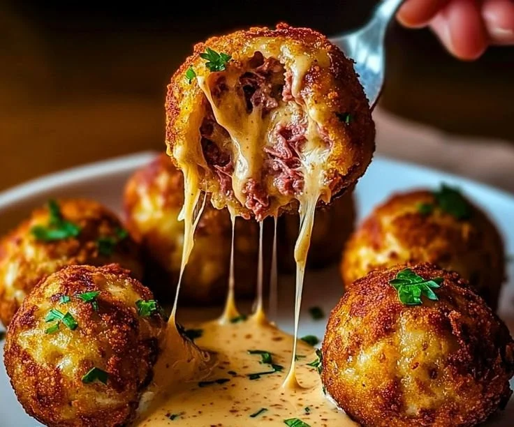 Reuben Balls with Spicy Thousand Island Dipping Sauce appetizer on a platter