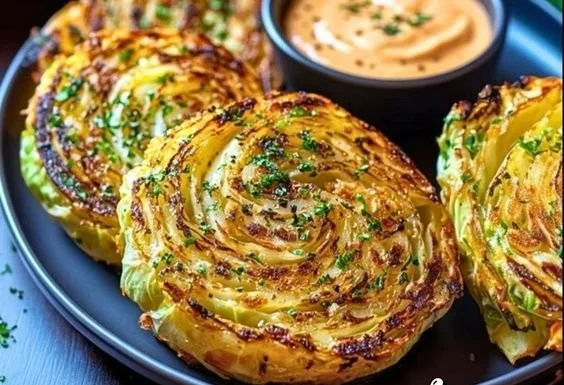 Delicious roasted cabbage steaks served with spices and herbs