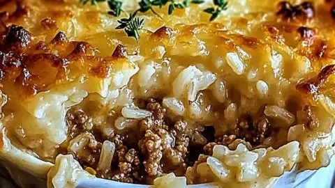 Savory French onion casserole with ground beef and rice in a baking dish