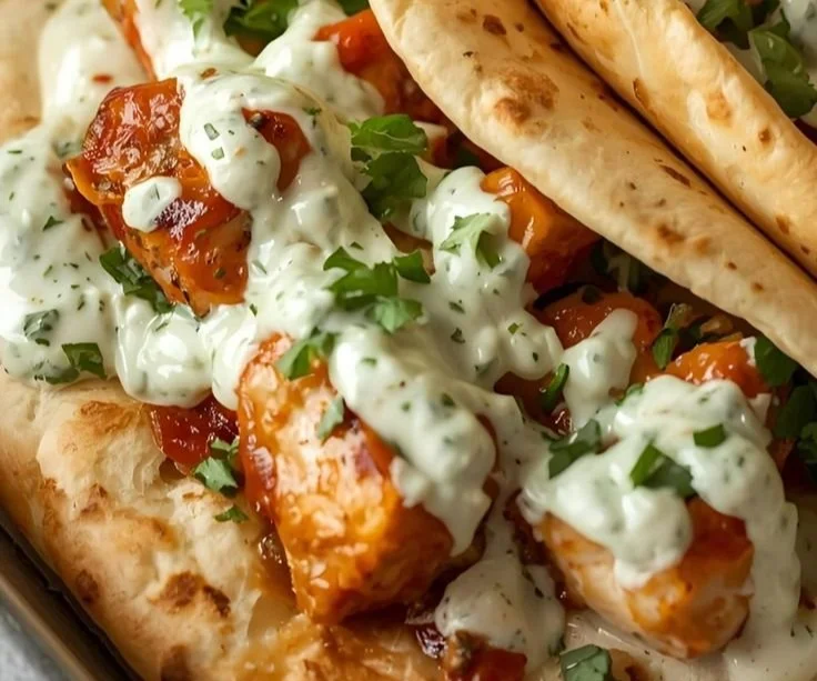 Sheet Pan Chicken Pitas served with Herby Ranch dressing on a plate