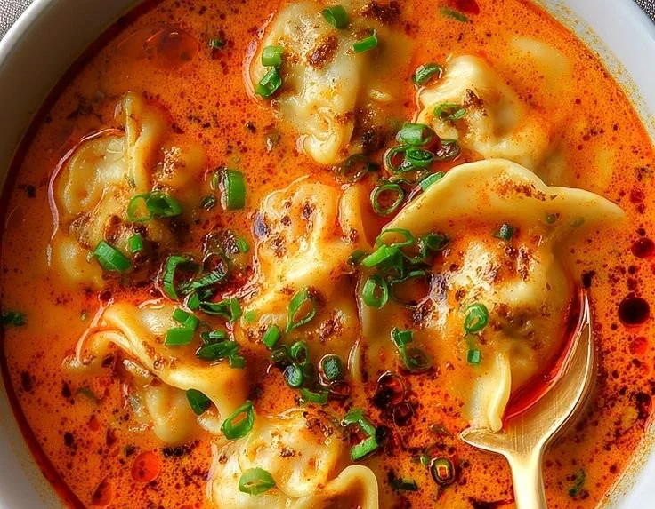 Bowl of Simple Coconut Curry Soup with Dumplings garnished with herbs