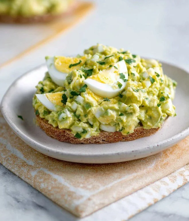 Mediterranean avocado egg salad in a bowl garnished with herbs