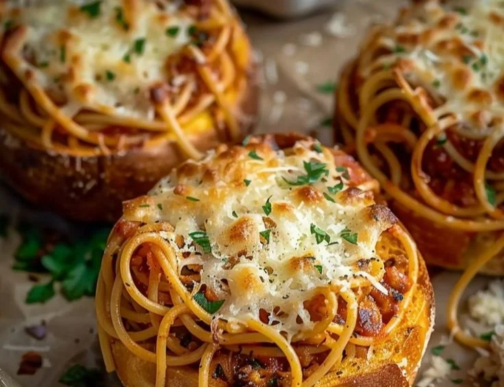 Spaghetti garlic bread bowls filled with savory pasta and topped with herbs.