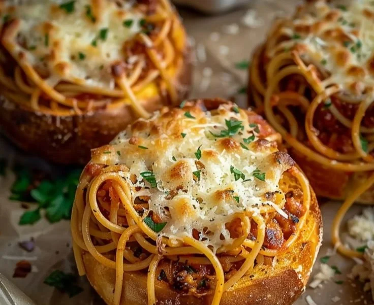 Spaghetti Garlic Bread Bowls with spaghetti served in crispy bread bowls