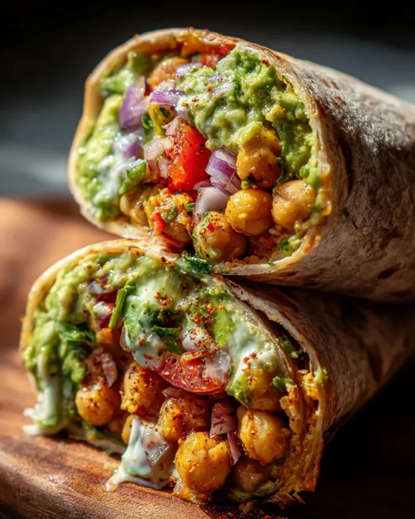 Spicy chickpea and avocado wrap served on a plate with fresh greens