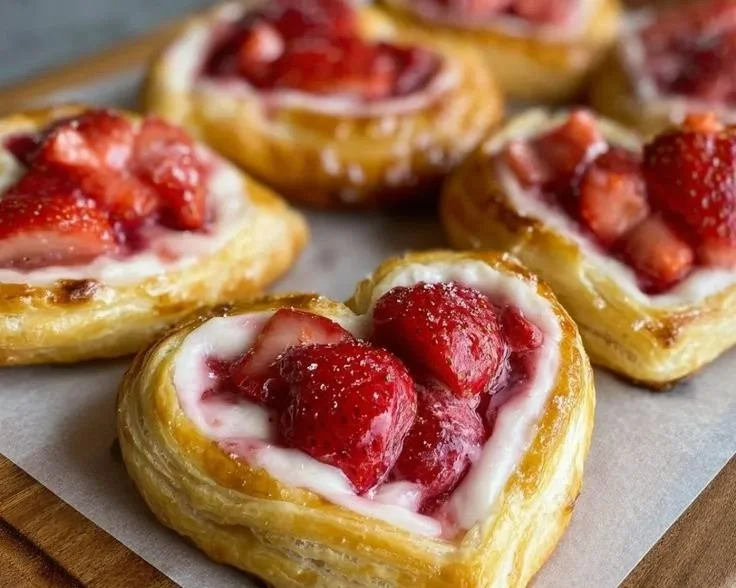 Freshly baked Strawberry Cream Cheese Heart Danishes on a white plate