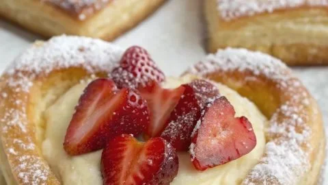 Delicious Strawberry Puff Pastry Danishes with fresh strawberries and flaky layers.