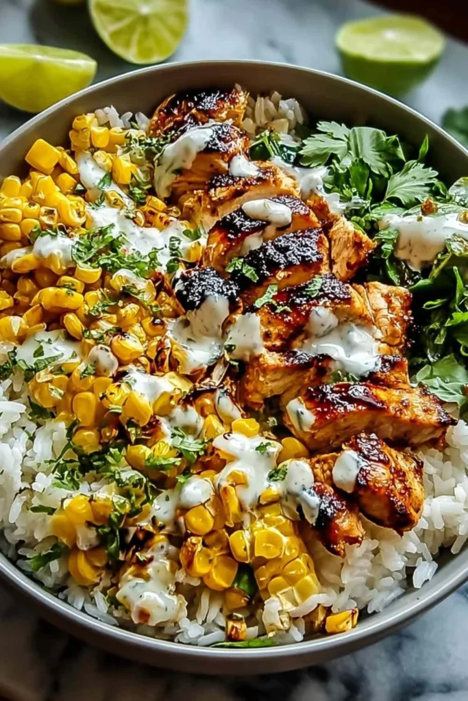 Delicious Street Corn Chicken Rice Bowl topped with grilled chicken and fresh corn