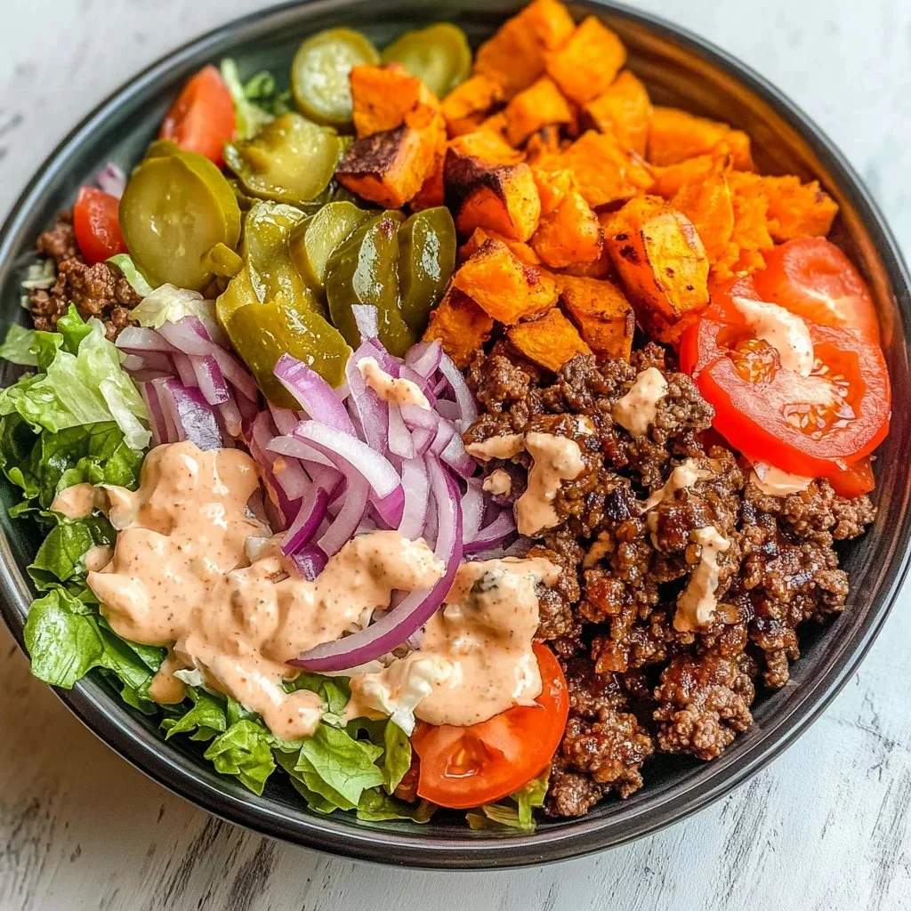 Delicious sweet potato burger bowl topped with fresh vegetables and sauce.