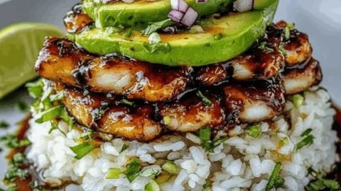 Delicious honey lime chicken served with avocado rice in a colorful stack