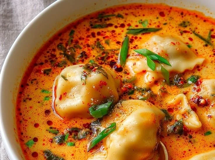 Bowl of Thai coconut curry soup with dumplings garnished with fresh herbs