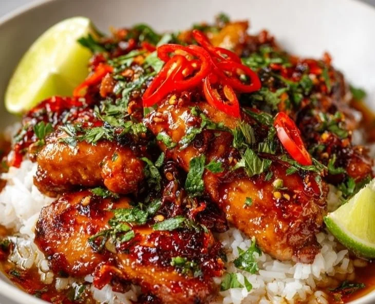 Delicious Thai Sweet Chili Chicken with vibrant sauce and garnishes