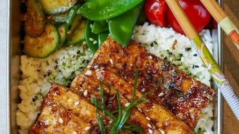 Tofu Teriyaki Bento Box with rice and vegetables for a healthy vegan lunch