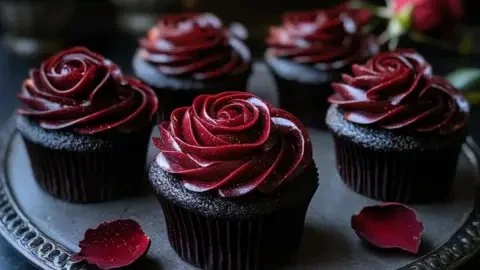 Delicious Midnight Rose Garden Cupcakes inspired by Wednesday Morticia