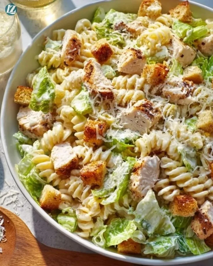 Quick and delicious Chicken Caesar Pasta Salad in a bowl