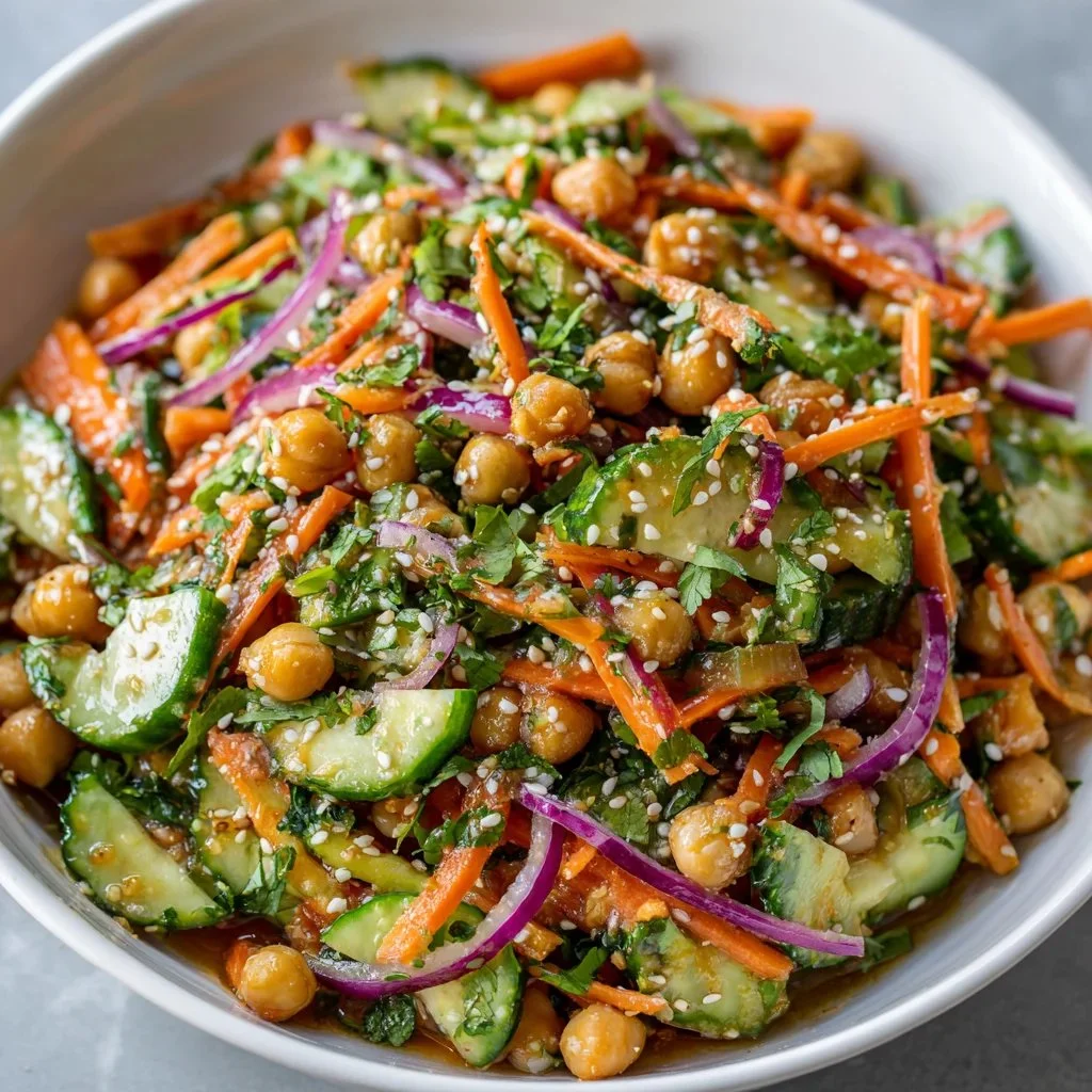 Asian cucumber and chickpea slaw topped with sesame dressing on a plate