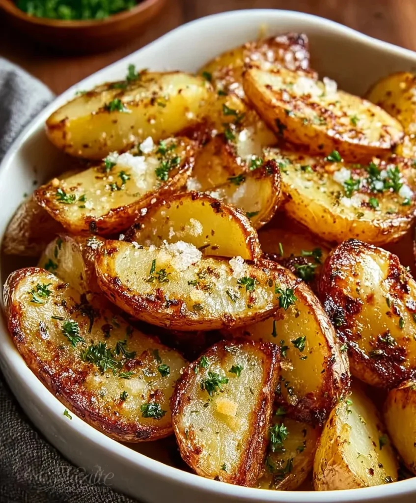Plate of crispy lemon Greek potatoes, perfectly seasoned and golden brown