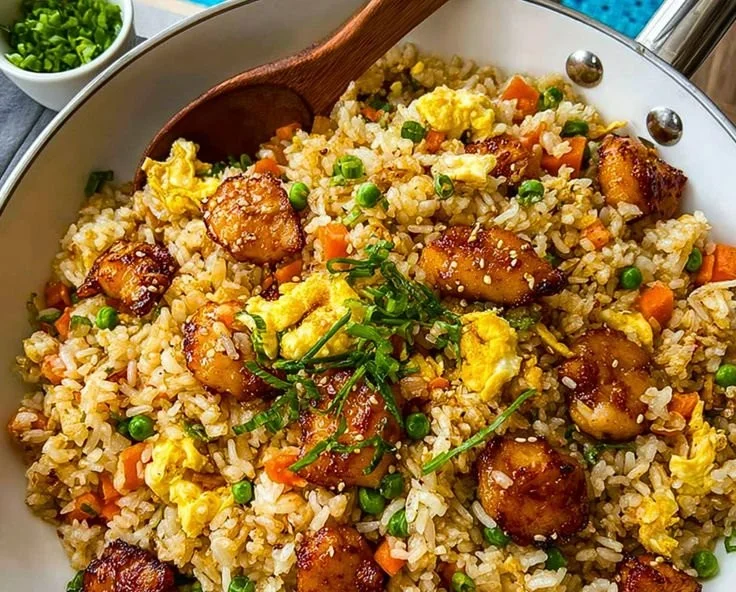 A vibrant plate of Bang Bang Fried Rice garnished with colorful vegetables and spices.