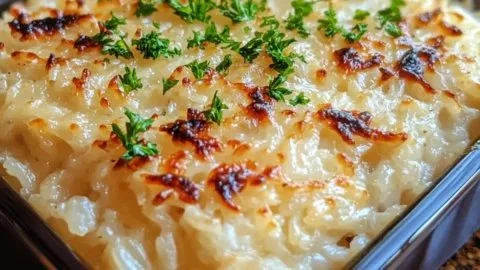 Delicious creamy baked rice dish served in a bowl, perfect for comfort meals