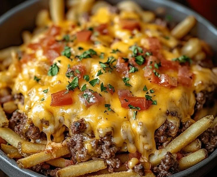 Cheeseburger Casserole topped with crispy French fries, ready to serve.