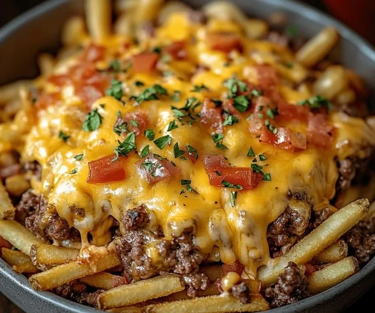 Cheeseburger Casserole topped with French fries and melted cheese
