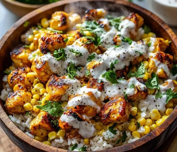 Delicious Chicken Bowls with street corn and fresh vegetables served in a bowl